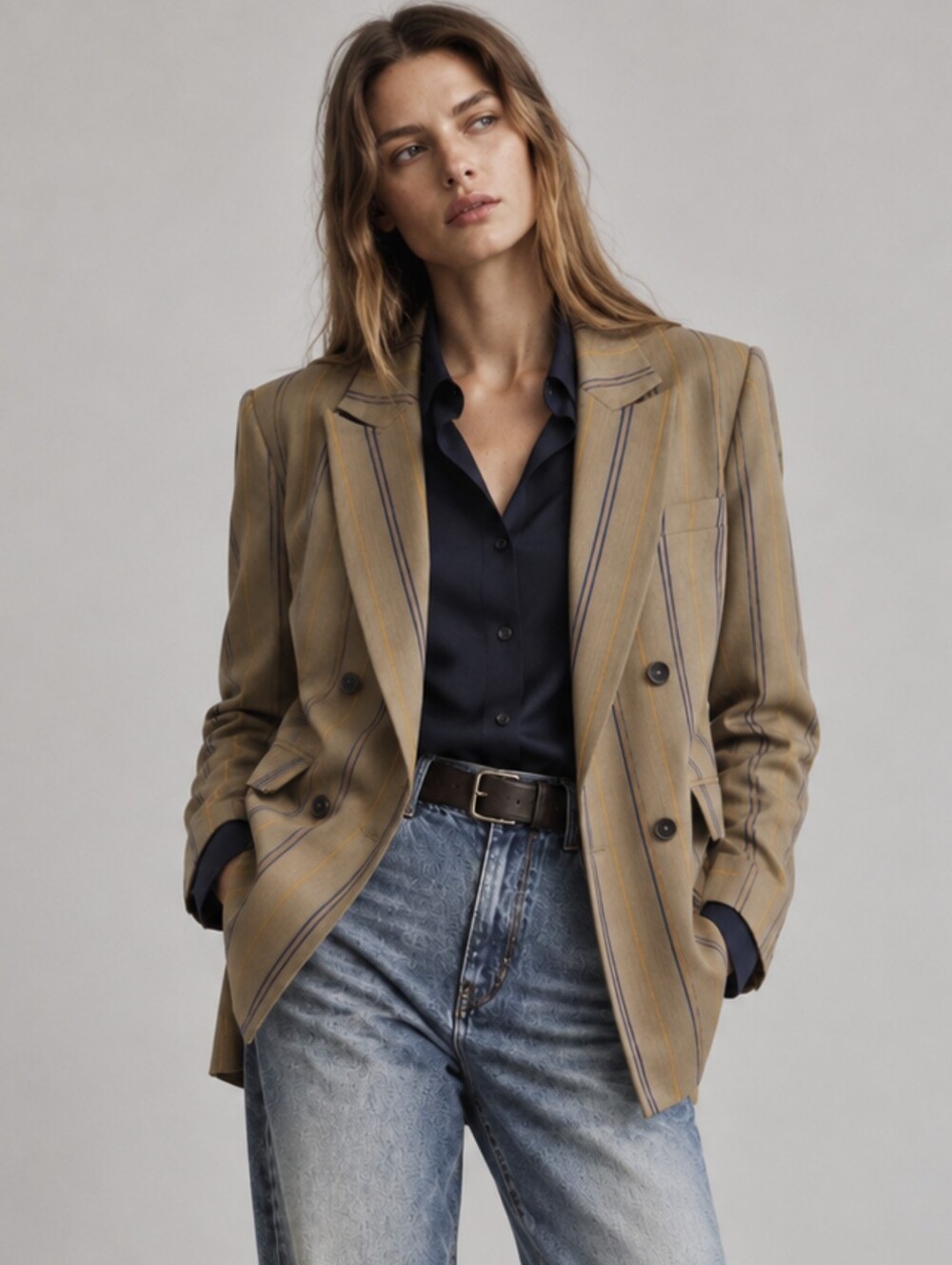 Zara Double Breasted Striped Blazer Taupe Navy Tailored Size Small